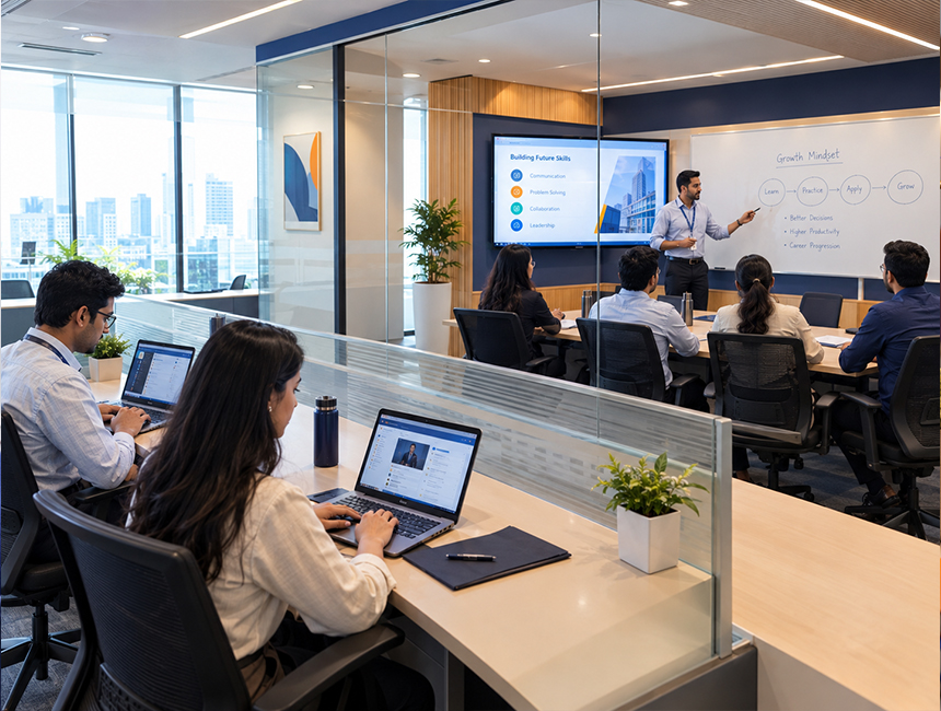 A corporate team in a training session in a modern office